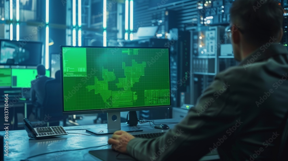 Engineer Working Over the Shoulder Using Green Mock-Up Screen Desktop Computer. Industrial Design Specialist on Blueprints and Drawings in the Background. Engineer Working Over the Shoulder Using Green Mock-Up Screen Desktop Computer. Industrial Design Specialist on Blueprints and Drawings in the Background.