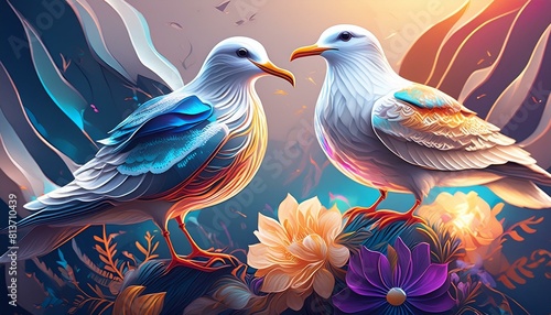 Birds seagull birds photorealistic  detailed  colorful  high-contrast  seagull.oiseau  animal  nature  arbre  vector  illustration