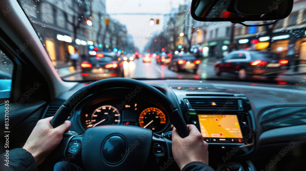 Naklejka premium The driver is driving through the evening city. View from inside the car