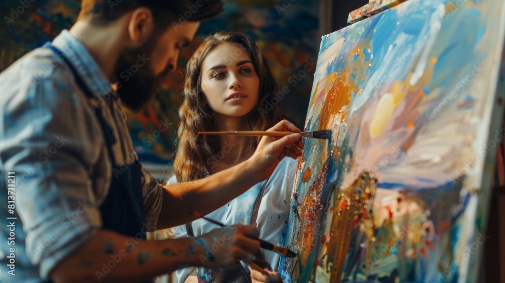 An art class scene shows a talented young woman artist painting on a large canvas with a brush, while her prominent mentor paints alongside her explaining techniques and styles An art class scene shows a talented young woman artist painting on a large canvas with a brush, while her prominent mentor paints alongside her explaining techniques and styles