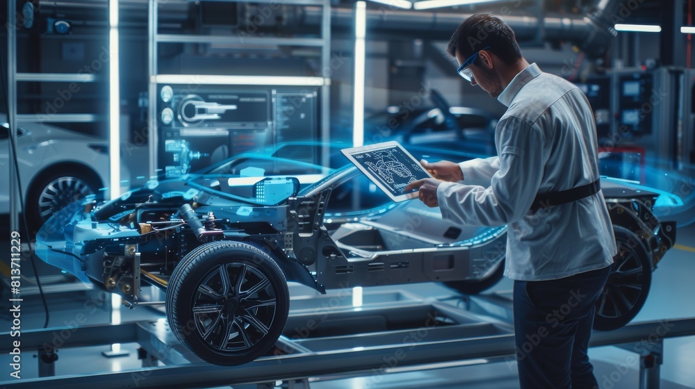 Engineer working on an electric vehicle chassis platform using a tablet computer with augmented reality 3D software. Futuristic Atomative Facility: Virtual Design with Mixed Technology.