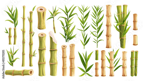 Cartoon Sugar Cane. Set of Different Parts in Simple Flat Style. Isolated Vector Illustrations on White Background. Sugarcane Plant, Stalk, Leaves, and more. Agricultural Icons