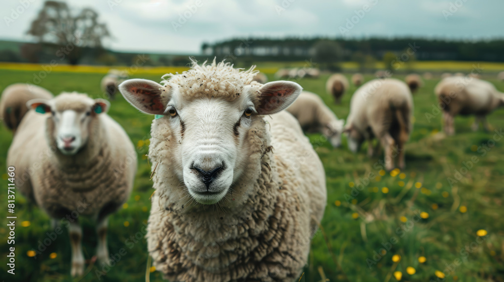 Fototapeta premium Sheep grazing on a farmer's pasture