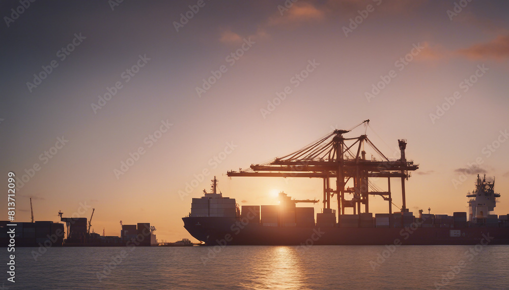 cargo ship unloading containers at the port, sunset.