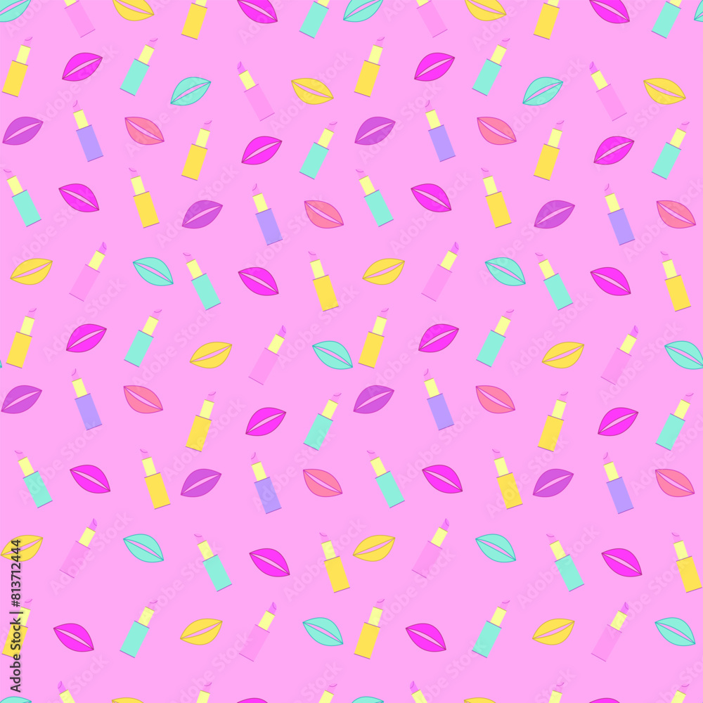 Bright seamless pattern of lip print and lipstick. Vector illustration Bright seamless pattern of lip print and lipstick. Vector illustration