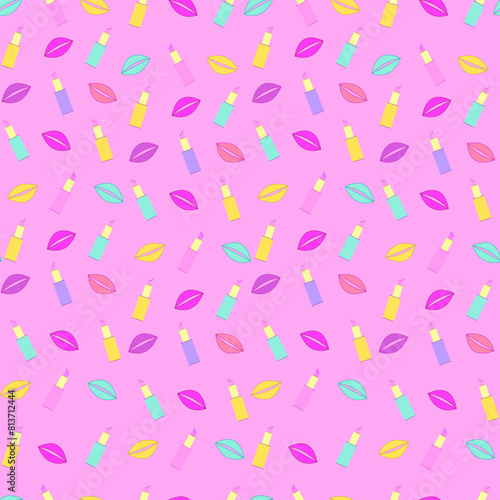 Bright seamless pattern of lip print and lipstick. Vector illustration