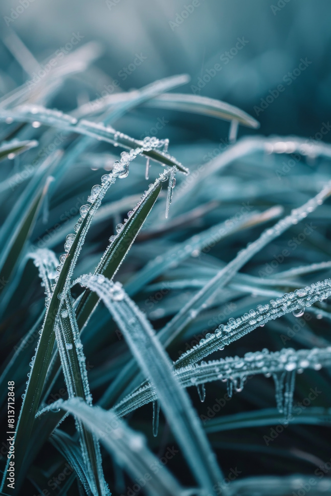 Closeup view of the patterns of frost on blades of grass, with their icy crystals and intricate textures creating a mesmerizing composition Closeup view of the patterns of frost on blades of grass, with their icy crystals and intricate textures creating a mesmerizing composition