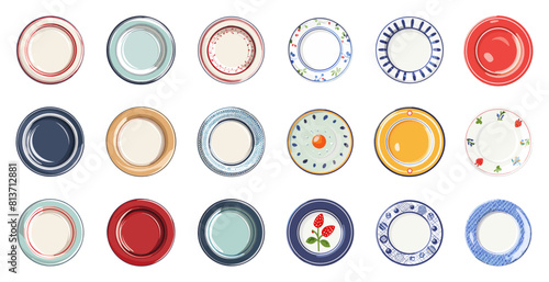 Flat Plates with Decorative Patterns. Isolated Vector Set on White Background. Table Utensils, Decorative Tableware, Painted Plates. Collection of Ceramic Dinnerware