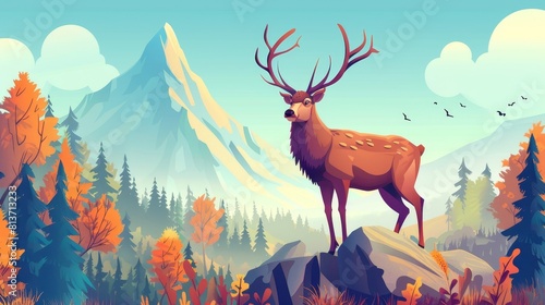 A majestic reindeer fairy tale character  wood landscape with a beautiful deer in a forest. A beautiful stag with antlers on trees and a mountain peak. Cartoon modern illustration of a deer in a