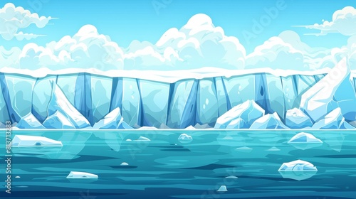 This modern image shows a parallax background of arctic icebergs and glaciers swaying on blue ocean waves. This is meant for games in which icebergs and glaciers are floating  and there is a cartoon