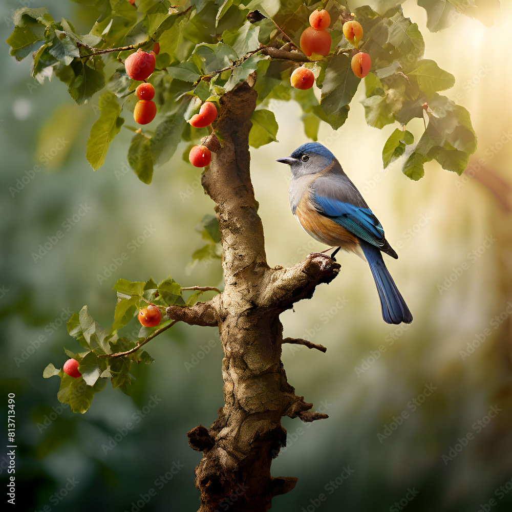 Fototapeta premium tree in to a bird blue bird sunset bird on the branch of a tree,generate ai