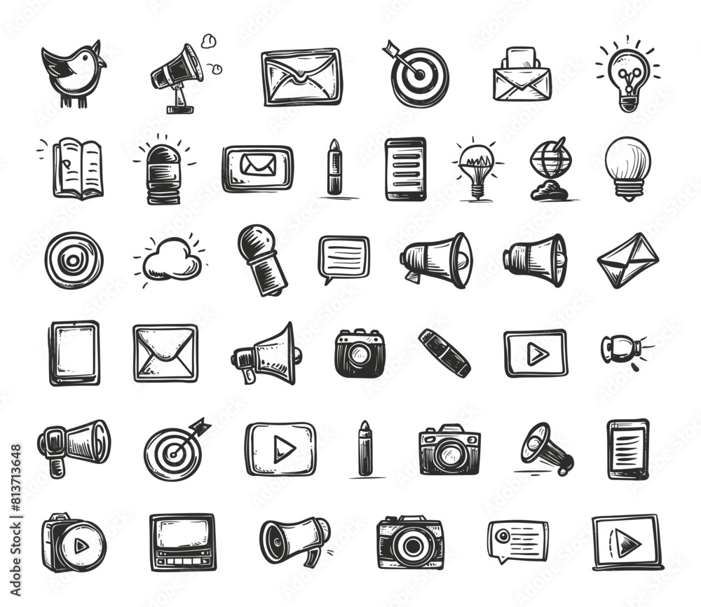Hand-Drawn Media Marketing Icons Set. Social Media, Advertising, Promotion, Branding. Black Icons with Clear Outlines on White Background Hand-Drawn Media Marketing Icons Set. Social Media, Advertising, Promotion, Branding. Black Icons with Clear Outlines on White Background
