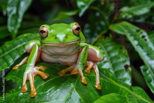 poisonous frog on a green leaf  generative ai