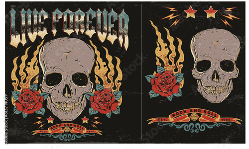 Rock and roll vector t-shirt design. Skull fire graphic artwork. Rose with hand vintage art.