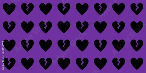 Black hearts and broken hearts on purple background pattern Valentine background vector
