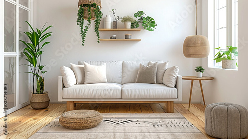 Modern Scandinavian home interior design characterized by an elegant living room featuring a comfortable sofa, wooden floor, white walls and home plants