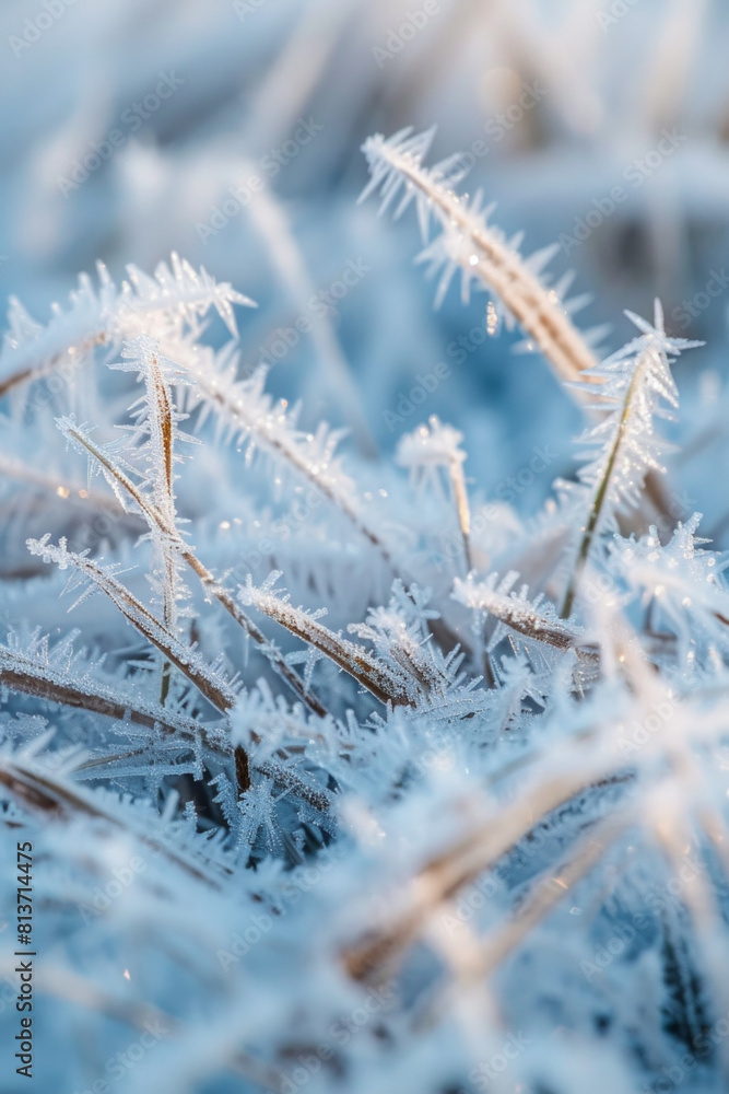Closeup view of the patterns of frost on blades of grass, with their icy crystals and intricate textures creating a mesmerizing composition Closeup view of the patterns of frost on blades of grass, with their icy crystals and intricate textures creating a mesmerizing composition