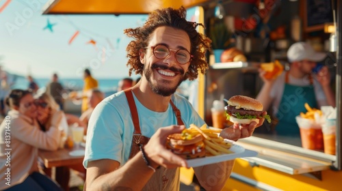 People are eating outside at tables. A commercial truck selling street food in a modern setting near the sea is handing out beef burgers, fries, and cold drinks to happy hipsters. photo