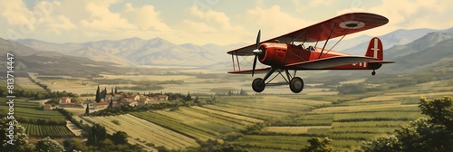 A vintage biplane flying over the countryside photo