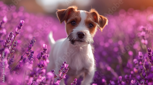 A small white and brown Jack Russell Terrier dog standing in the middle of a purple lavender field