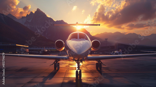 private business jet parked at the airport at the foot of the mountains in the rays of a summer sunset photo