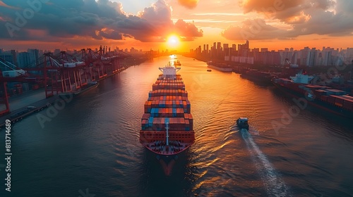 A large cargo ship is sailing through the ocean. The sun is setting in the background, creating a beautiful and serene atmosphere
