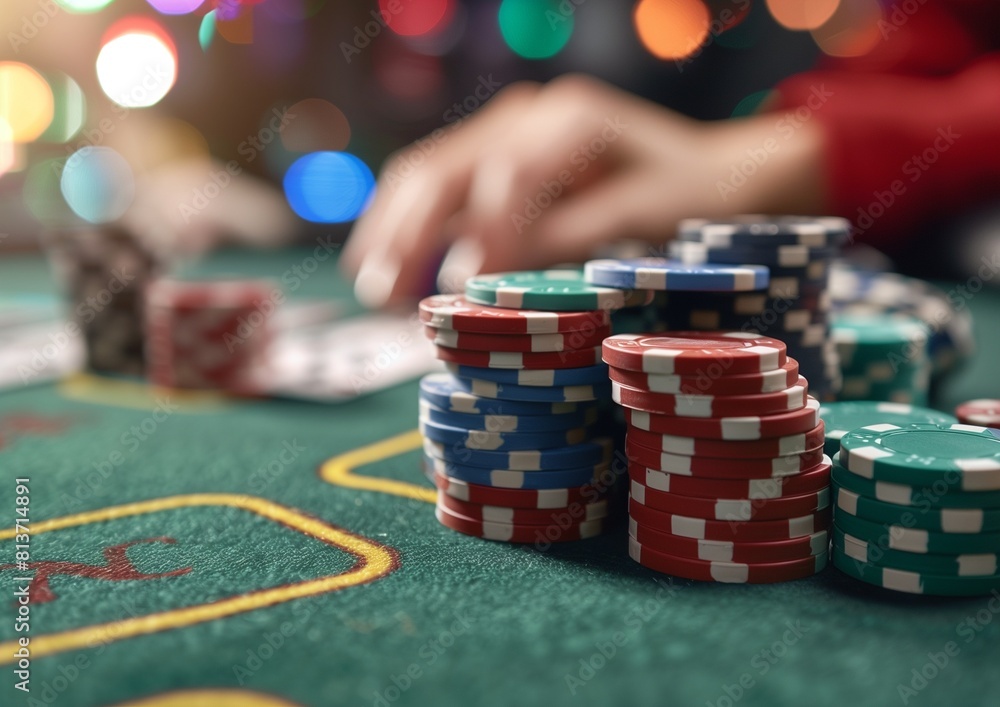 Casino Night Poker Game with Colorful Chip Stacks and Playing Cards on Table Casino Night Poker Game with Colorful Chip Stacks and Playing Cards on Table
