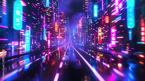 Render a road that travels through a city of neon lights, with bright colors and flashing signs illuminating the night