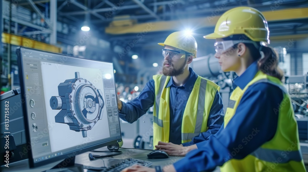 Female Project Supervisor explains machine part features to Male Industrial Engineer by illustrating them on CAD software. They use CAD software for design and development. Female Project Supervisor explains machine part features to Male Industrial Engineer by illustrating them on CAD software. They use CAD software for design and development.