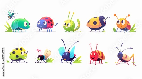 Funny bug, beetle, ladybird, mosquito and earthworm modern cartoon set isolated on white background featuring ants, bees, spiders, grasshoppers, ladybugs, worms, and snails.