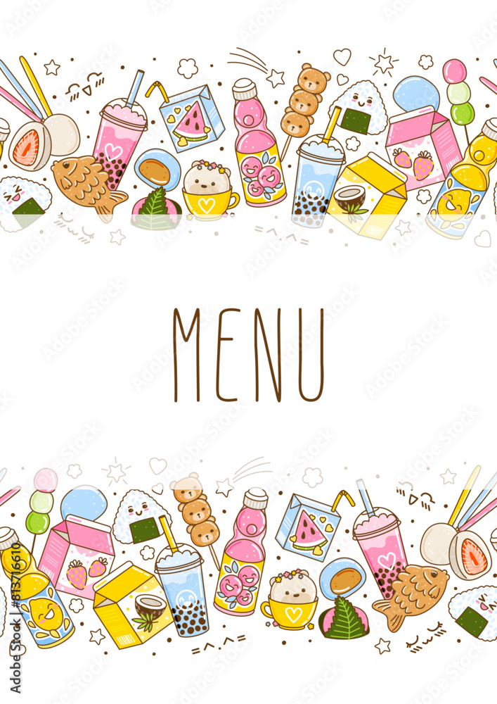 Verical banner with cute asian food elements - cartoon illustration of ...