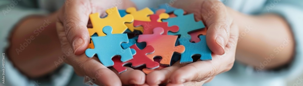close - up of hands holding strategy puzzle pieces, with a blue person and a white hand visible in the background close - up of hands holding strategy puzzle pieces, with a blue person and a white hand visible in the background