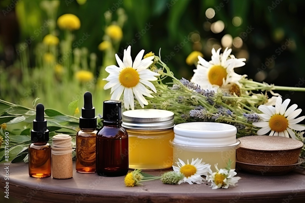 Natural herb and moisturizer cream jar for sensitive skin care in summer or fall season Natural herb and moisturizer cream jar for sensitive skin care in summer or fall season