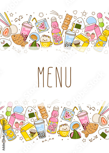 Verical banner with cute asian food elements - cartoon illustration of traditional japanese sweets and drinks isolated on white background for Your kawaii design