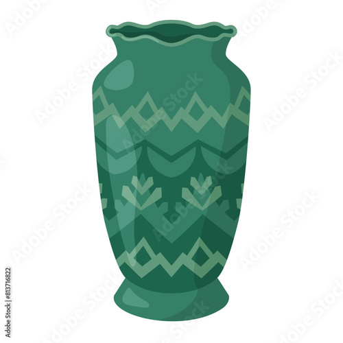 Colored ceramics vase. Porcelain vase for flowers, antique pottery, floral and abstract patterns. Vase pottery, floral pot, colorful jug. Trendy flat style isolated on white. Vector illustration