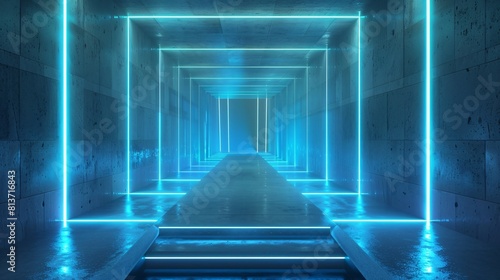 Cement Concrete Sci Fi Futuristic Cyber Neon Electric Laser Lights Glowing Blue Tunnel Corridor Hallway Pillars Dark Background Spaceship Underground 3D Rendering Illustration