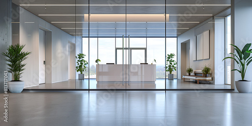 Sleek Modern Office Interior with Cityscape View Contemporary Design and Corporate Meeting Room Concept Empty hall in the modern office buildin  