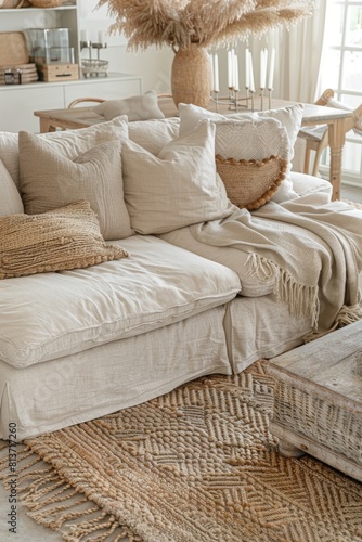 The intricate textures of the pillows and blanket add a tactile element that invites relaxation and comfort