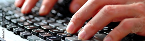 close - up of hands typing on computer keyboard with online auction website in the background