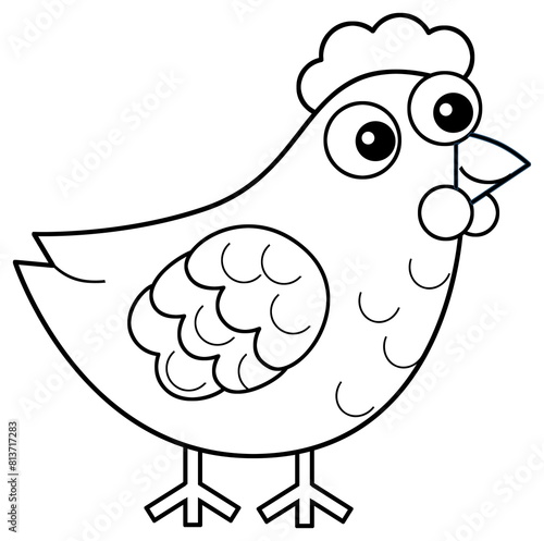 Cartoon happy farm animal cheerful hen chicken bird running isolated background with sketch drawing illustration for children © honeyflavour