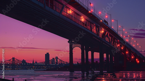 Bronx Whitestone Bridge at dusk. The bridge connects Throggs Neck and Ferry Point Park in the Bronx, on the East River's northern shore, with the Whitestone neighborhood of Queens in the south.