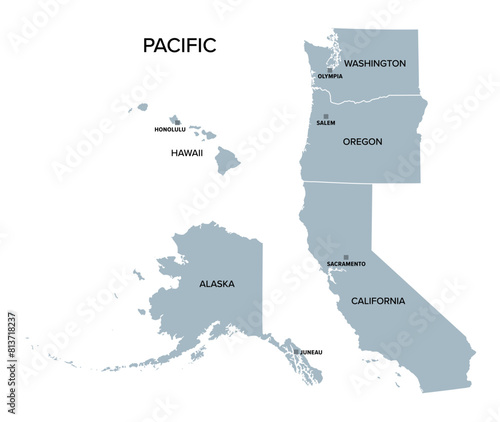 Pacific states, the West Coast of the United States, gray political map. United States Census division of the West region, consisting of the states Alaska, California, Hawaii, Oregon, and Washington.