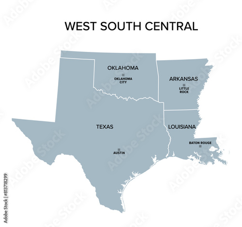 West South Central states, gray political map. United States Census division of the South region, consisting of the states Arkansas, Louisiana, Oklahoma, and Texas. Illustration. Vector