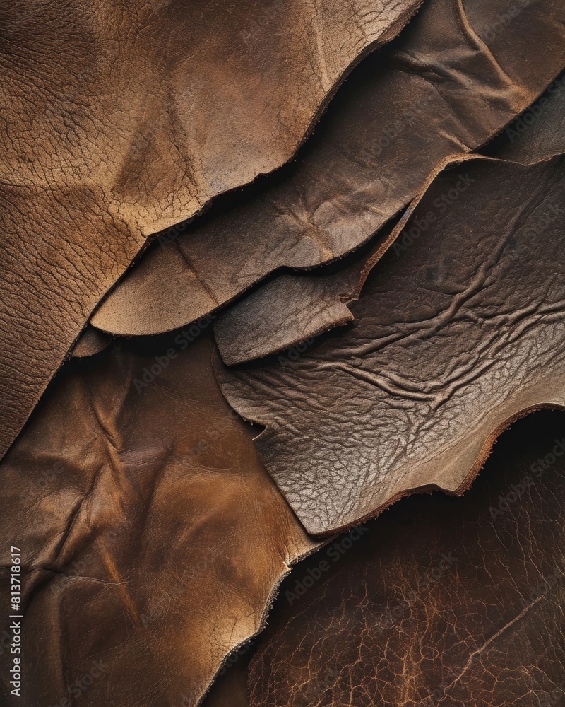 Obraz premium A macro photograph of weathered leather, emphasizing the tactile qualities and natural patina. Earthy tones and subtle shadows enhance the richness of the texture