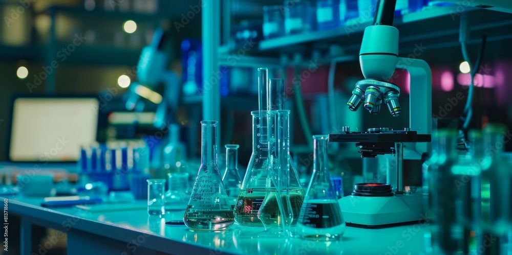 high-tech laboratory with a focus on cutting-edge equipment. Beakers, microscopes, and holographic screens are carefully arranged, emitting a soft glow. The overall tone is cool and sterile high-tech laboratory with a focus on cutting-edge equipment. Beakers, microscopes, and holographic screens are carefully arranged, emitting a soft glow. The overall tone is cool and sterile