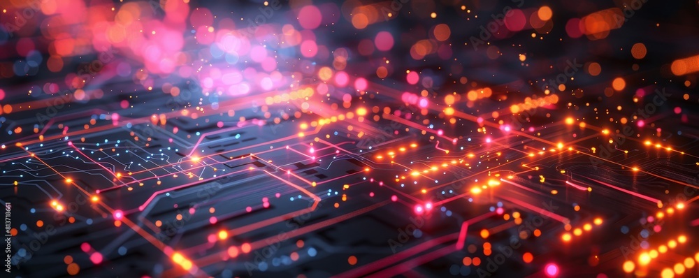 Fototapeta premium Abstract digital technology background with glowing circuits and lines.