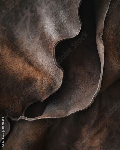 A macro photograph of weathered leather, emphasizing the tactile qualities and natural patina. Earthy tones and subtle shadows enhance the richness of the texture