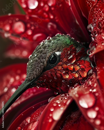 A macro photograph of a hummingbird beak lightly touching the surface of a dew-covered flower  creating a delicate splash of droplets resembling blood. The juxtaposition of fragility and intensity 