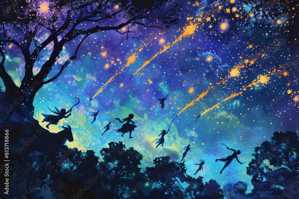 Obraz premium A magical night sky filled with fairies riding shooting stars, their silhouettes against a cosmic backdrop. The celestial color palette dreamy nightscapes