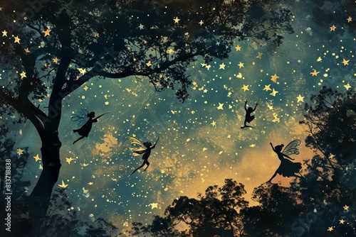 A magical night sky filled with fairies riding shooting stars, their silhouettes against a cosmic backdrop. The celestial color palette dreamy nightscapes photo